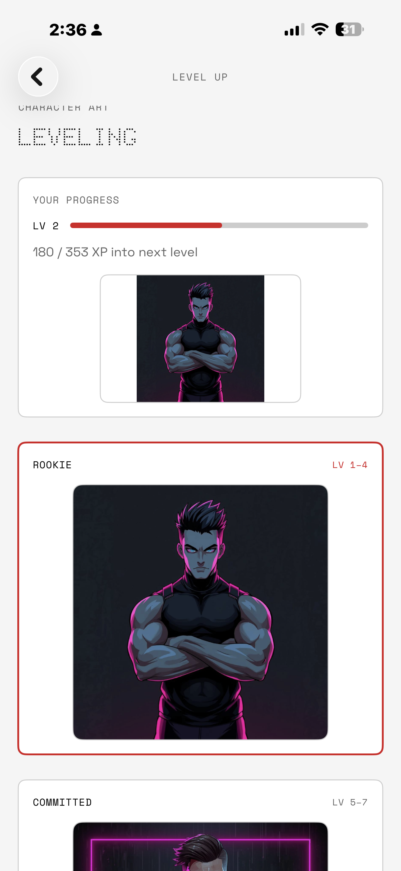 Gymcade leveling screen (light UI): XP bar and character tiers.