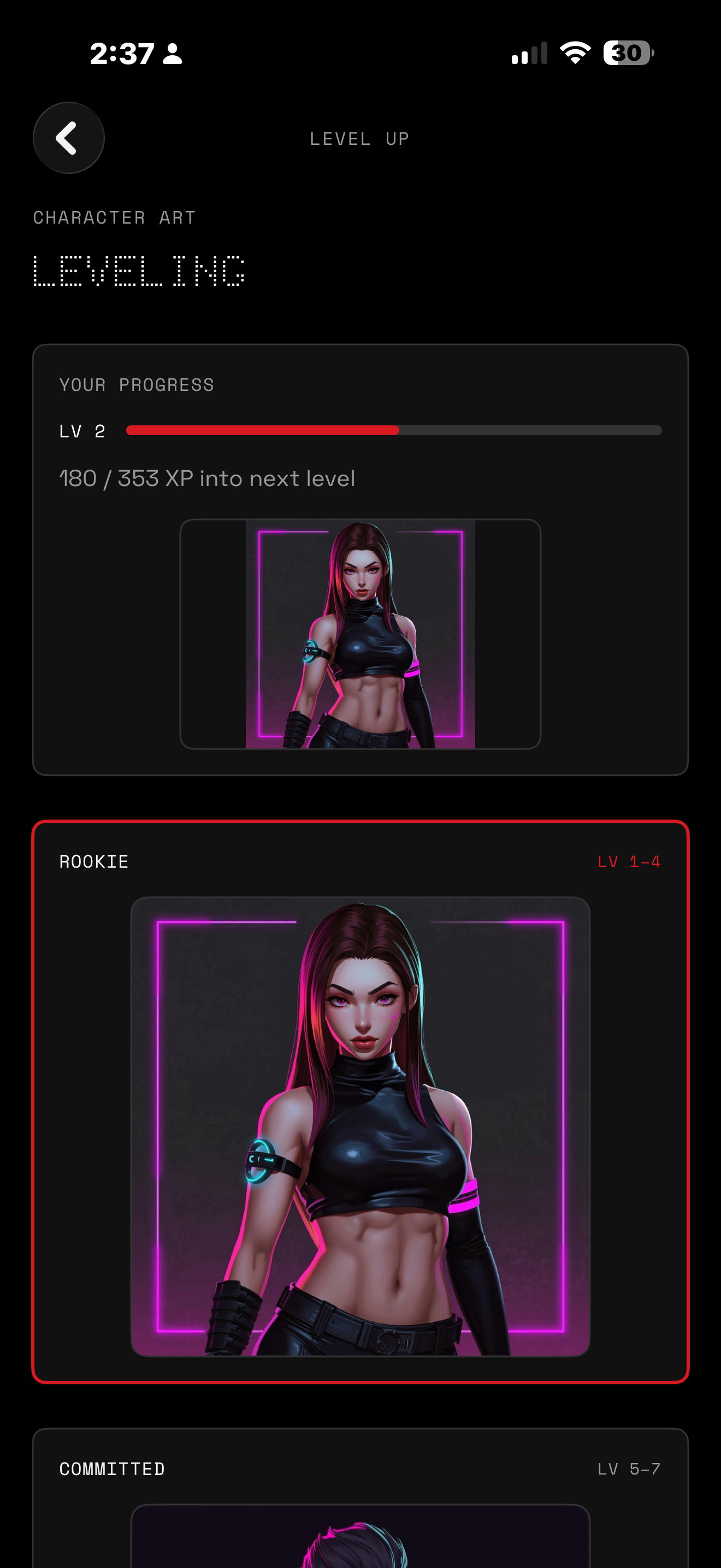 Gymcade leveling screen (dark UI): XP bar and character tiers.