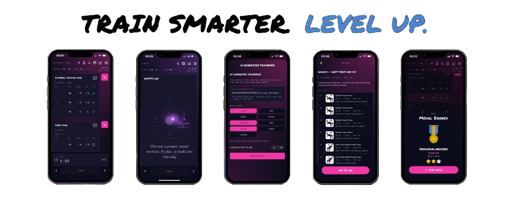 Train smarter, level up: Gymcade workout log, empty-day chooser, AI Generated Trainings, workout preview, and a medal for a personal record.