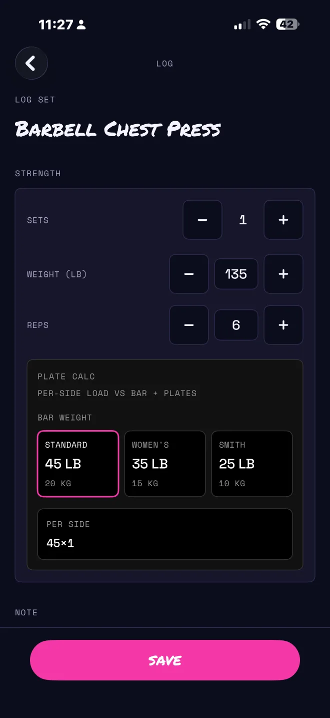 Gymcade workout logging screen with weight, reps, and plate calculator.