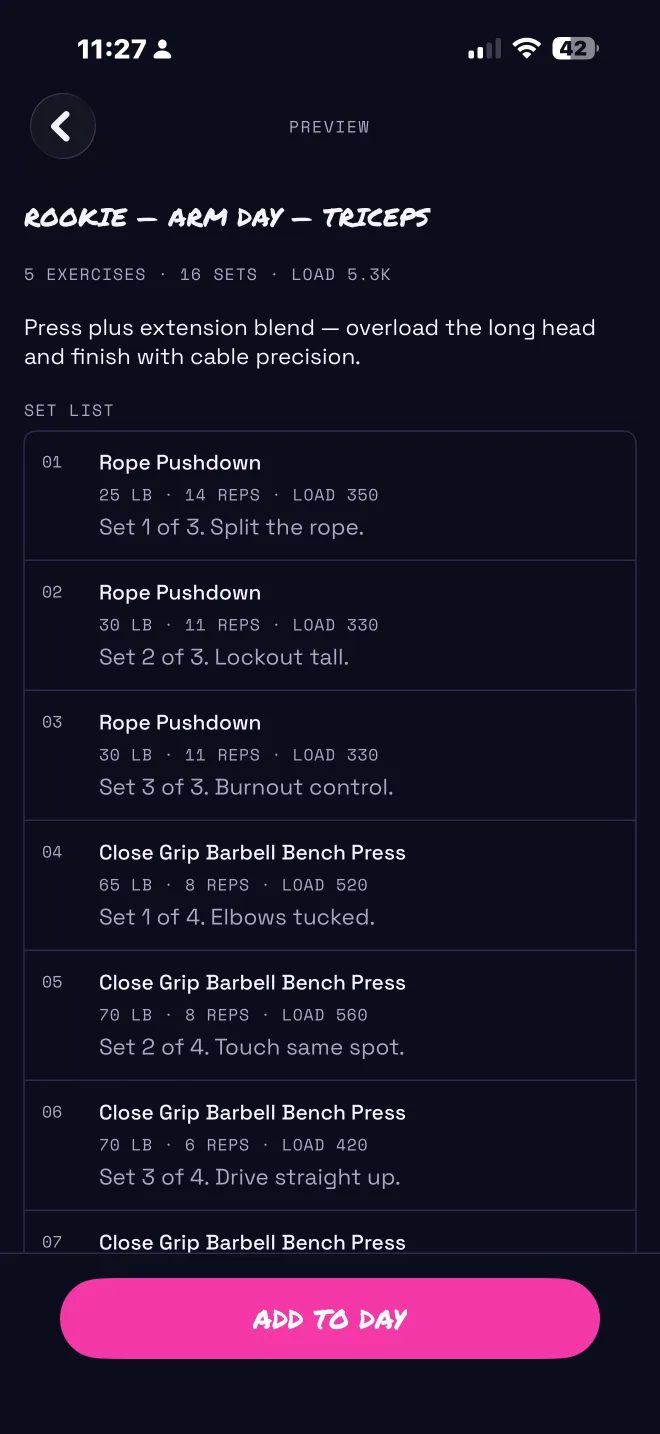 Gymcade sample workout plans screen.